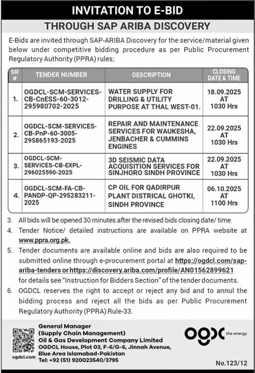 Oil & Gas Development Compay Limited Islamabad Tender Notice